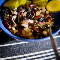 Kidney and navy bean, kale stem, onion saute with homemade pickles